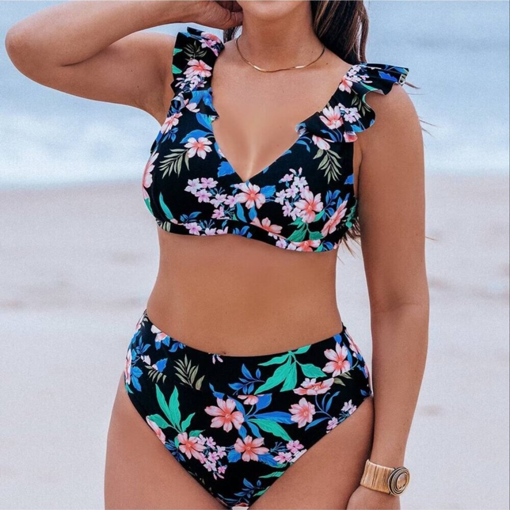 NWT Cupshe Black Floral Print Ruffle Bikini Top & High-Rise Bottoms Sz Medium-DD